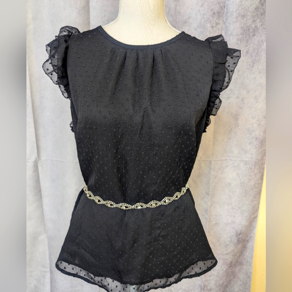Elegant Loft Black Ruffle Sleeve Top--Belt Not Included